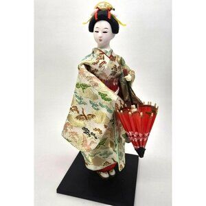 Japanese Geisha Doll With Parasol On Black Base 12" Asian Decor JE245